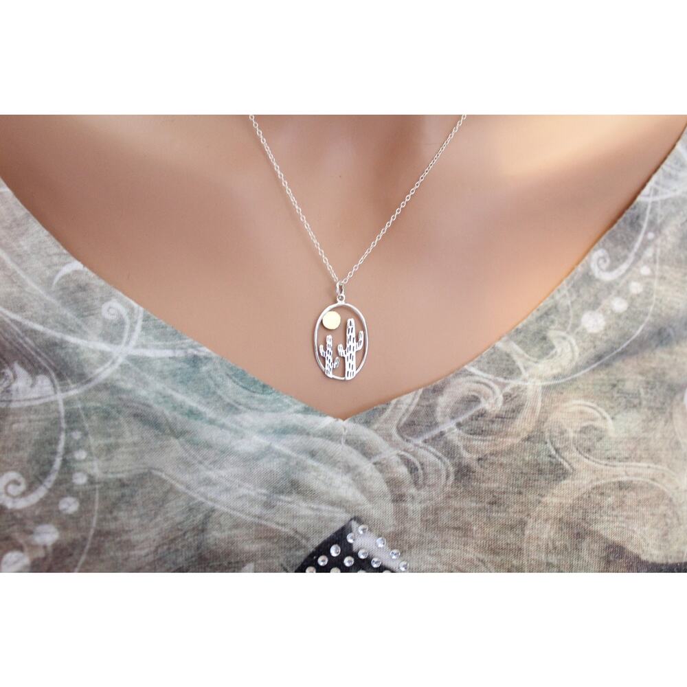 Sterling Silver Oval Cactus Pendant with Bronze Sun
